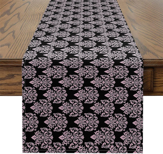 Pink Black Damask Table Runner Luxurious Baroque Rococo Style Table Runners for Kitchen Dining Room Pink Damask Flower Pattern Dresser Runners for Home Party Decor 72x13 Inch