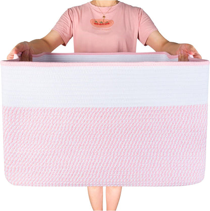 MINTWOOD Design 22in Extra Large Blanket Basket Holder Living Room, Rectangle Rope Woven Storage Basket with Handles for Laundry, Pool Towels, and Shoes, Dog Toy Organizer Bin Box, Light Pink