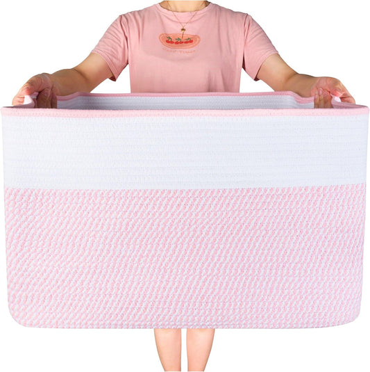 MINTWOOD Design 22in Extra Large Blanket Basket Holder Living Room, Rectangle Rope Woven Storage Basket with Handles for Laundry, Pool Towels, and Shoes, Dog Toy Organizer Bin Box, Light Pink