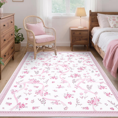 GarveeHome Pink and White Bow Rugs for Bedroom Girls, Washable Rug 5x7 for Living Room with Soft Low Pile, Floral 5x7 Pink Area Rugs for Dining Room Nursery Playroom Dorm Office Bow Decor