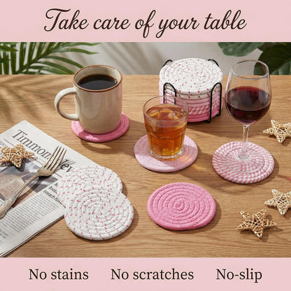 Drink Coasters Set of 8 with Holder – Cotton Woven Absorbent Coasters, 4 Colors for Coffee, Beer, Drinks & Tabletop Protection (Pink)