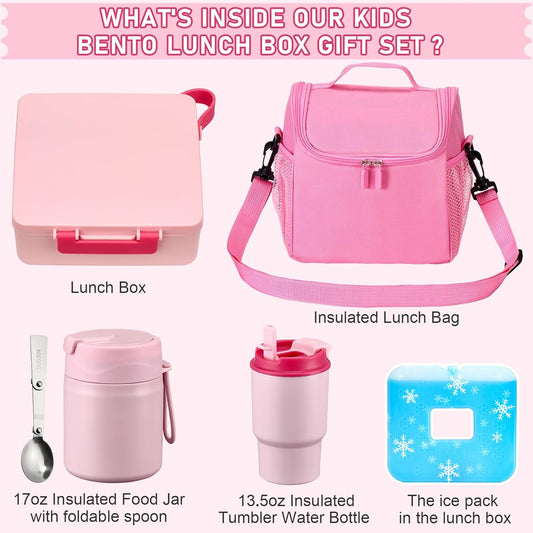 Bento Lunch Box for Kids with 17oz Soup Thermo,Insulated Tumbler Water Bottle and Insulated Lunch Bag,Leak-Proof 3 Compartment Lunch Food Container with Ice Pack for Kids to School-Pink