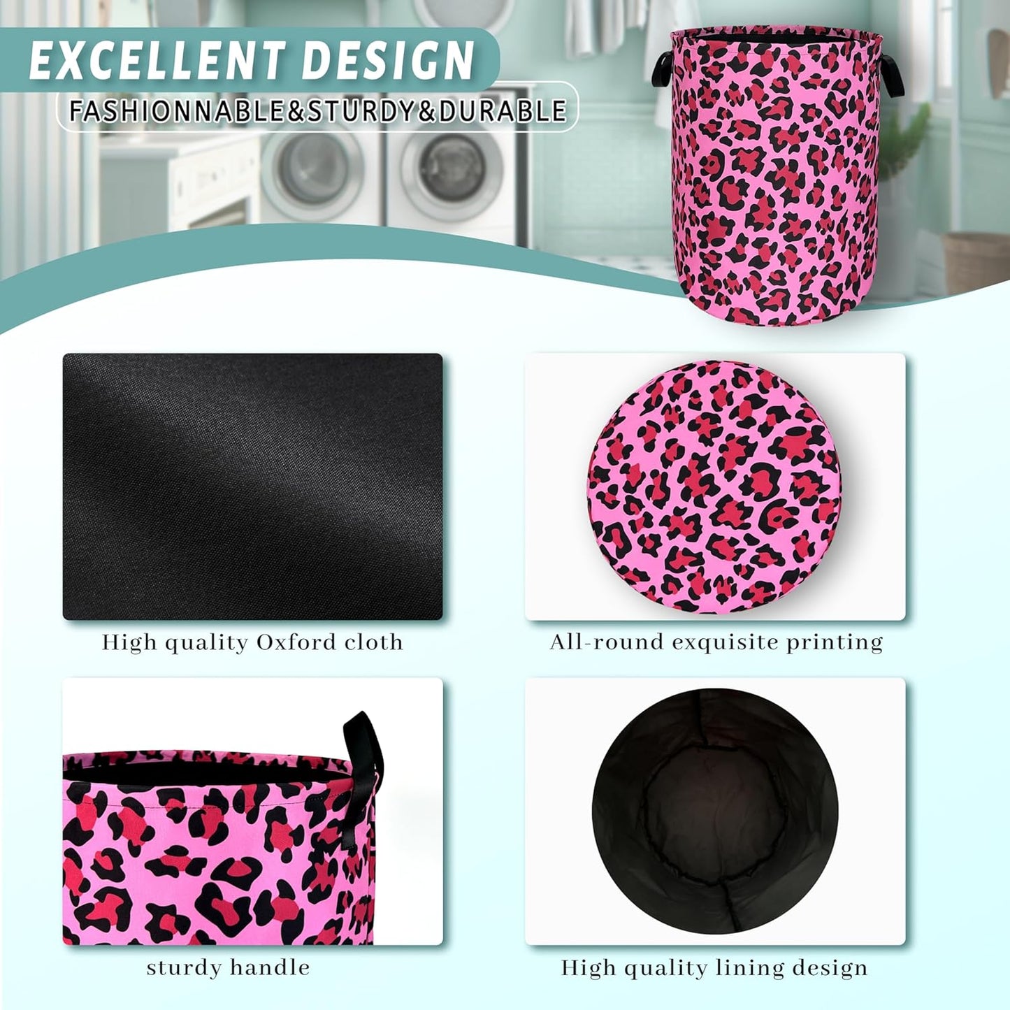 Pink Leopard Print Laundry Hamper Sexy Animal Laundry Basket With Handles Foldable Oxford Cloth Colorful Tote Bag Clothes Toy Storage Bucket 18.9" x 16.5" For Bathroom/Laundry/Bedroom