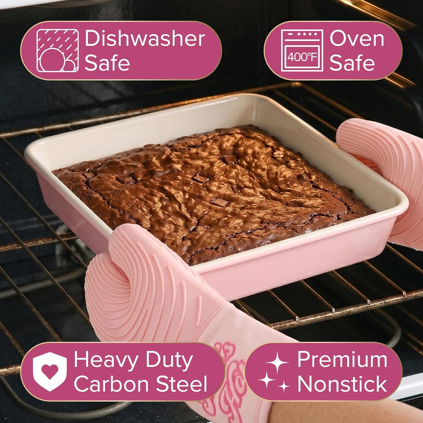 Paris Hilton 5-Piece Baking Pans Set, Nonstick Heart Pattern Bakeware Set with Heavy Duty Carbon Steel, Includes Square Pan, Round Pan, Loaf Pan, Roasting Pan & Cookie Sheet, 5-Piece, Pink