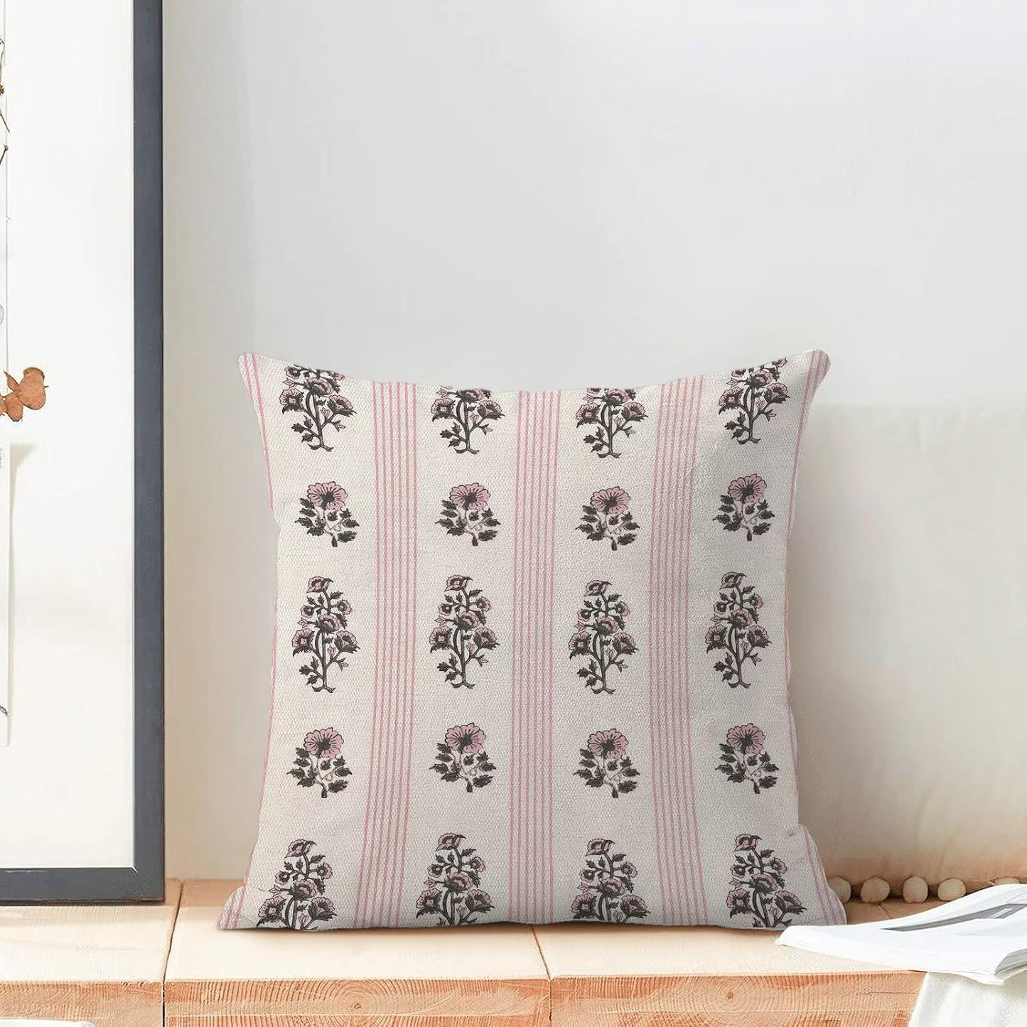 Stripe Floral Pillow Covers 18x18 Inch Set of 2, Block Print Pink Stripe Outdoor Decorative Pink Floral Striped Throw Pillows Neutral Couch Cushion Case for Chair Sofa Bedroom Living Room Decor