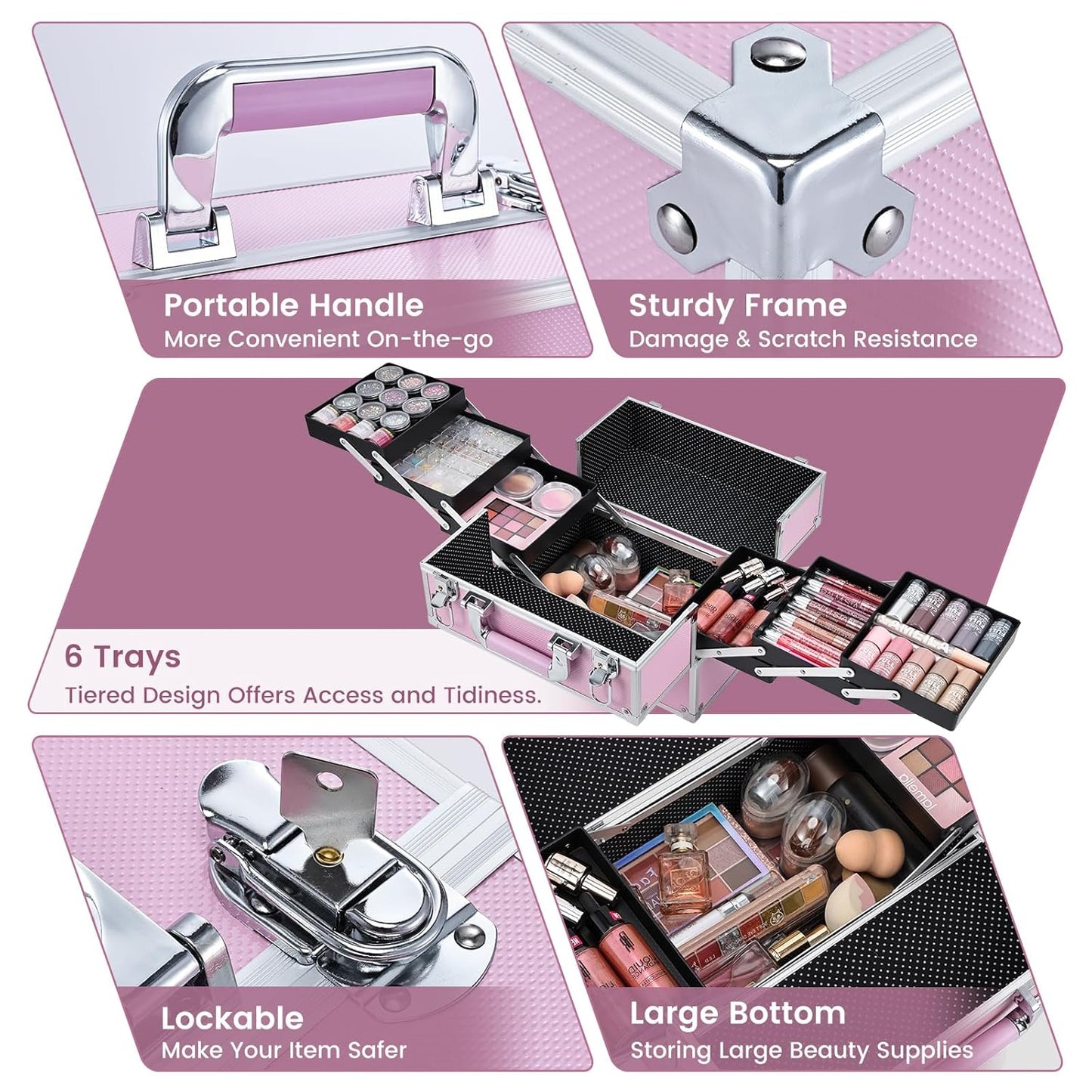 Frenessa Makeup Train Case Large Portable Cosmetic Case - 6 Tier Trays Professional Makeup Storage Organizer Box Make Up Carrier with Lockable keys - Pink