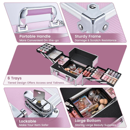 Frenessa Makeup Train Case Large Portable Cosmetic Case - 6 Tier Trays Professional Makeup Storage Organizer Box Make Up Carrier with Lockable keys - Pink