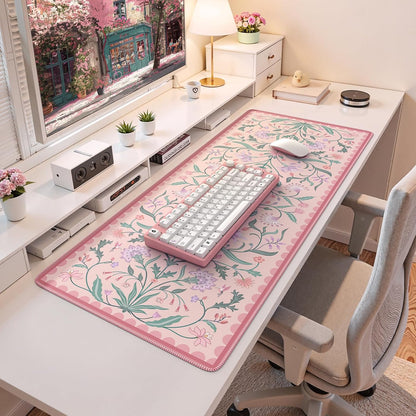 iLeadon Desk Mat Pink, Large Floral Mouse Pad for Desks with Smooth Lycra Surface, Long Full Desk Mouse Cushion for Laptop, Keyboard Mat for Office, Home, Light Pink