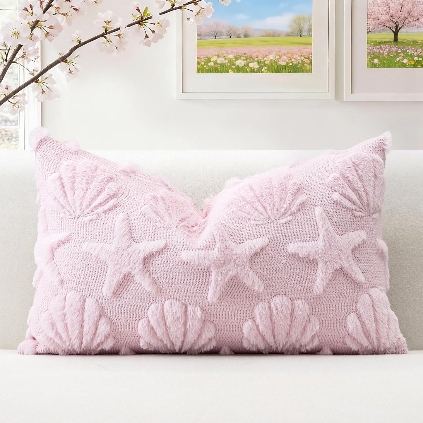 OTOSTAR Shell Starfish Throw Pillow Cover Set of 1 Beach Seaside Cushion Cover for Sofa 12x20 Inch Lumbar Spring Summer Soft Plush Short Wool Velvet Pillowcase Holiday Decor Pink