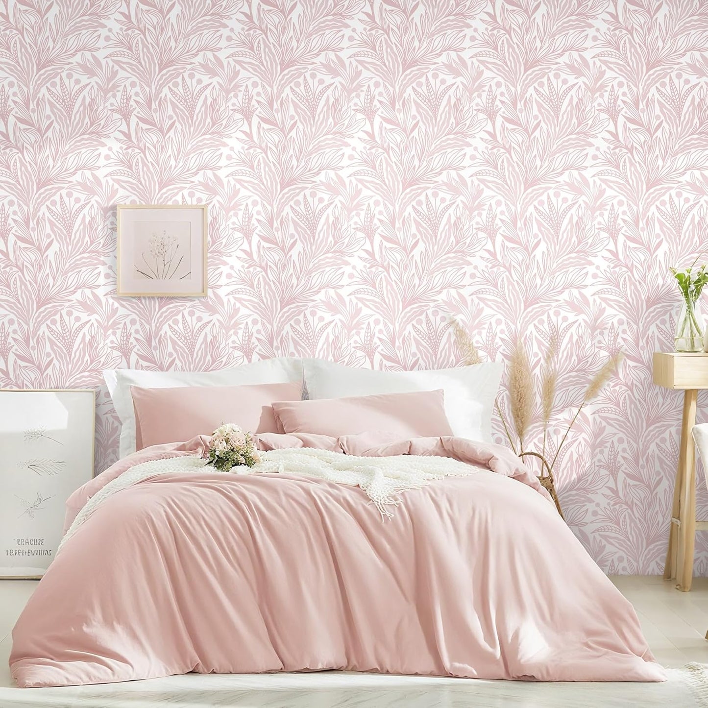 Dimoon Pink Peel and Stick Wallpaper Boho Pink White Contact Paper 17.3" X 78.7" Floral Leaf Textured Wallpaper Renter Friendly Removable Self Adhesive Wall Paper for Bathroom Bedroom Cabinets Vinyl