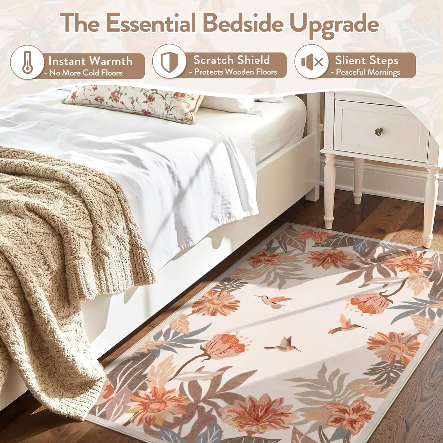 Beeiva Floral 3x5 Area Rug for Entryway - Washable Pink Boho Bedroom Rug, Stain Resistan Border Flower Print Small Throw Rugs Carpet for Living Room Kitchen Home Aesthetic Décor(Beige,3'x 5')