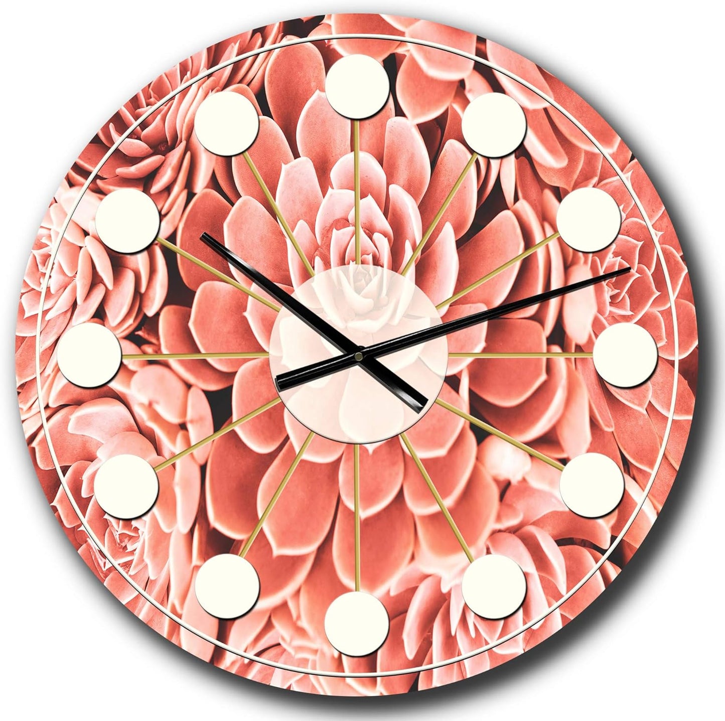 DesignQ Mid-Century Modern Wall Clock 'Coral Toned Succulent' Pink Round Wall Clock for Bedroom Decor