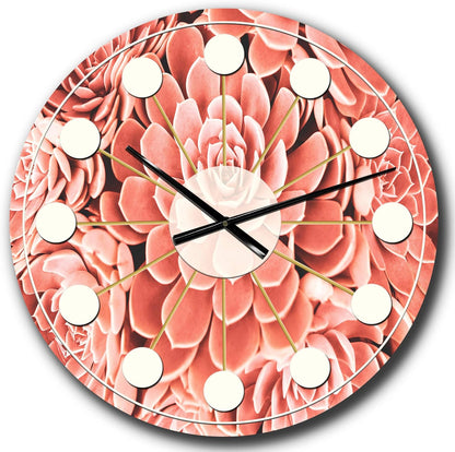 DesignQ Mid-Century Modern Wall Clock 'Coral Toned Succulent' Pink Round Wall Clock for Bedroom Decor