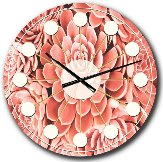 DesignQ Mid-Century Modern Wall Clock 'Coral Toned Succulent' Pink Round Wall Clock for Bedroom Decor