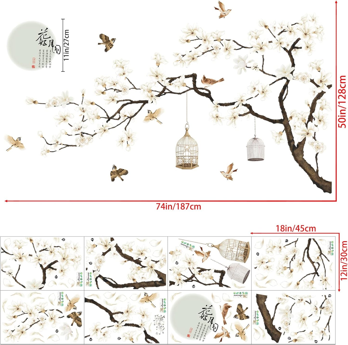LiveGallery White Peach Blossm Flowers Wall Stickers Chinese Style Tree Branches Wall Decals Removable DIY Ancient Poems Petal Moon Birdcage Wall Art Murals for Girls Bedroom TV Background (Right)