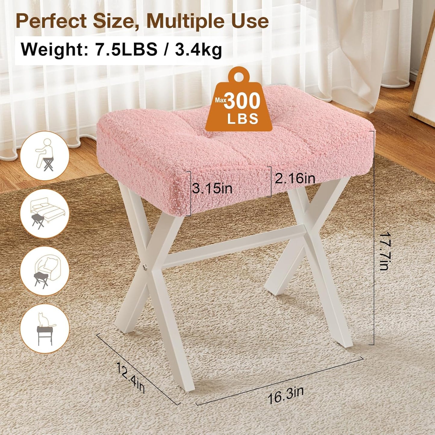 Memobarco 18-Inch Vanity Stool Chair, Vanity Bench with Metal X-Legs, Ottoman Accent Stool with Breathable and Soft Boucle Fabric Saddle Seat, Pink