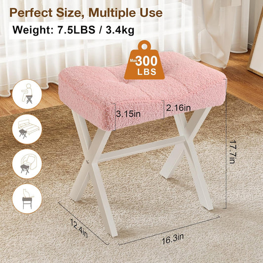Memobarco 18-Inch Vanity Stool Chair, Vanity Bench with Metal X-Legs, Ottoman Accent Stool with Breathable and Soft Boucle Fabric Saddle Seat, Pink