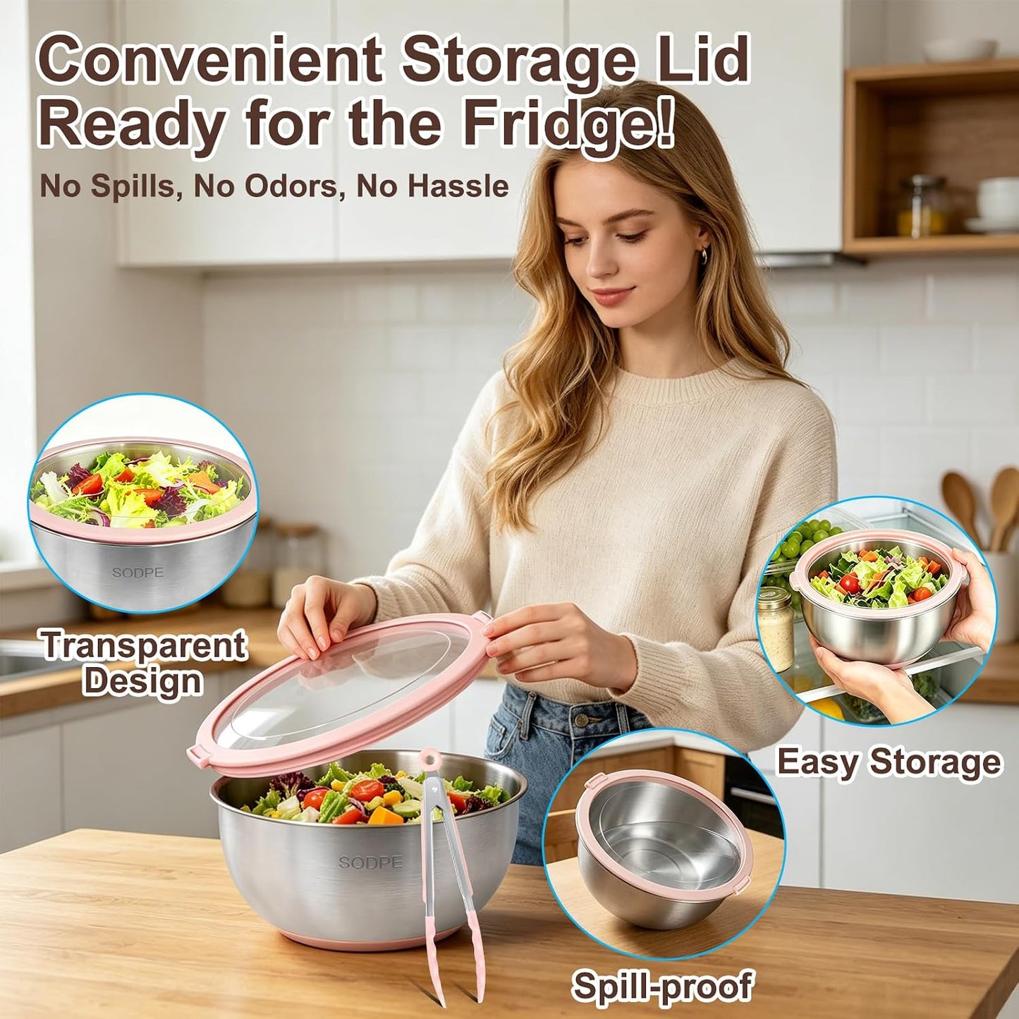 Stainless Steel Salad Spinner Large with 5 Blades Slicer, Lettuce Washer Spinner and Dryer, Vegetable Fruits Chopper Bowl, Egg Yolk Strainer, 5.3Qt Pink