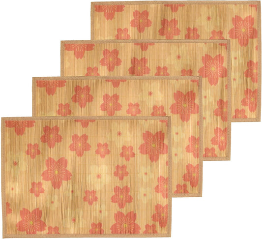 BambooMN Premium Bamboo Slats Placemat with Fabric Border - Floral Print - 12" x 17.5" - Peach Blossom, 4 pcs