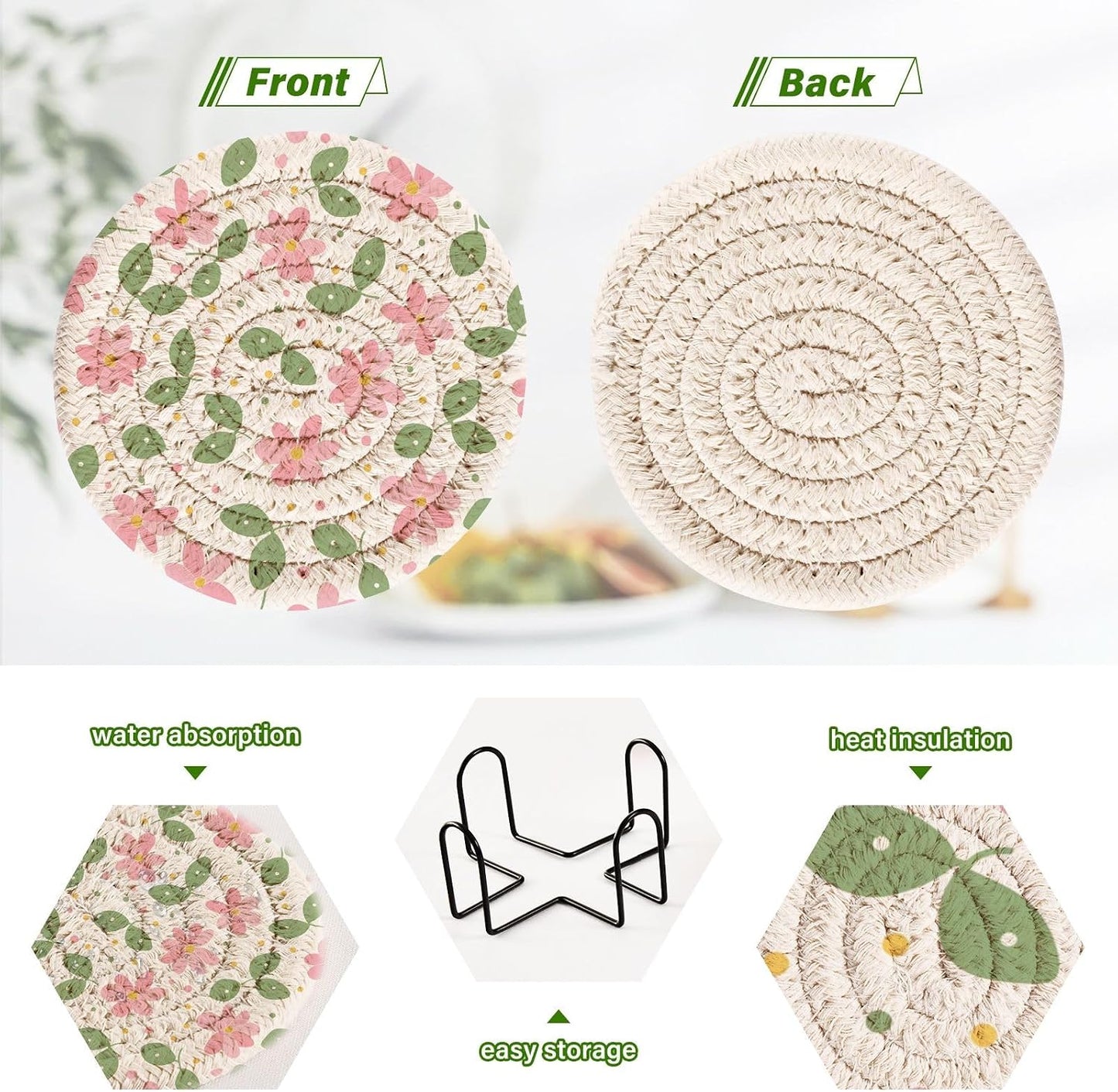 Pink Green Leaf Flowers Pattern Coasters Set of 6 with Holder Absorbent Round Coasters for Wooden Table Tabletop Protection Party Christmas Decor House Warming