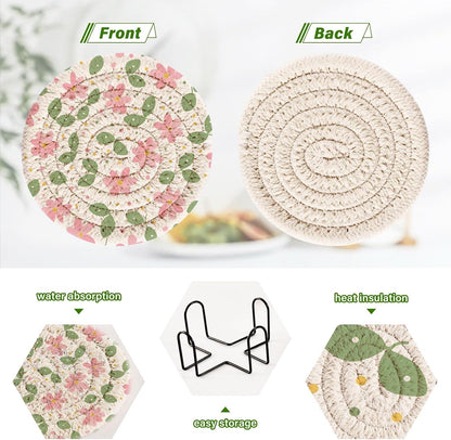 Pink Green Leaf Flowers Pattern Coasters Set of 6 with Holder Absorbent Round Coasters for Wooden Table Tabletop Protection Party Christmas Decor House Warming