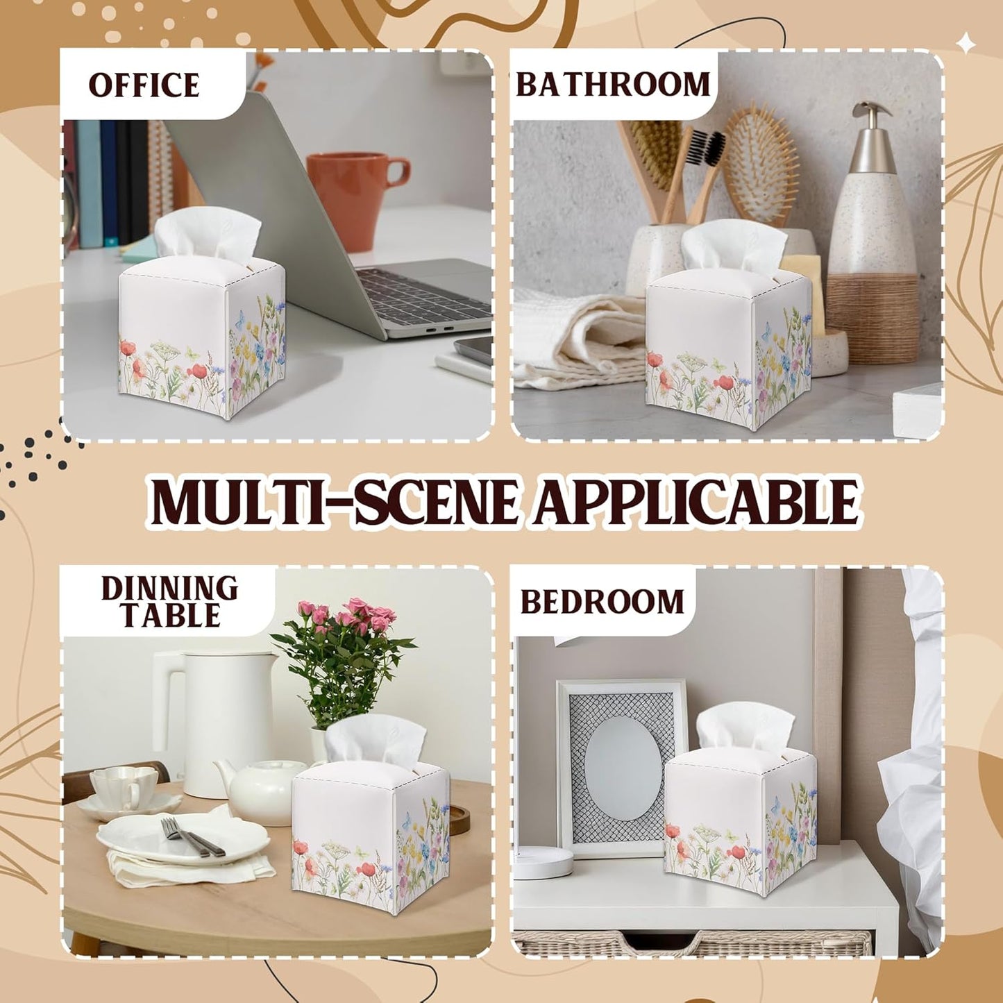 Spring Pink Flowers & Butterfly PU Leather Tissue Box Cover - Seasonal Decorative Tissue Holder - Waterproof Dispenser Box - Facial Paper Organizer Home Decor for Living Room, Bathroom, Office - A04