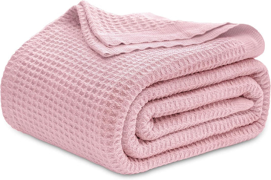 Bedsure Gentlesoft 100% Cotton Blanket Queen Size for Bed - Cooling Breathable and Soft for Summer, Thick Cozy Waffle Weave Blanket Gifts for Women, Light Pink, 90x90 Inches