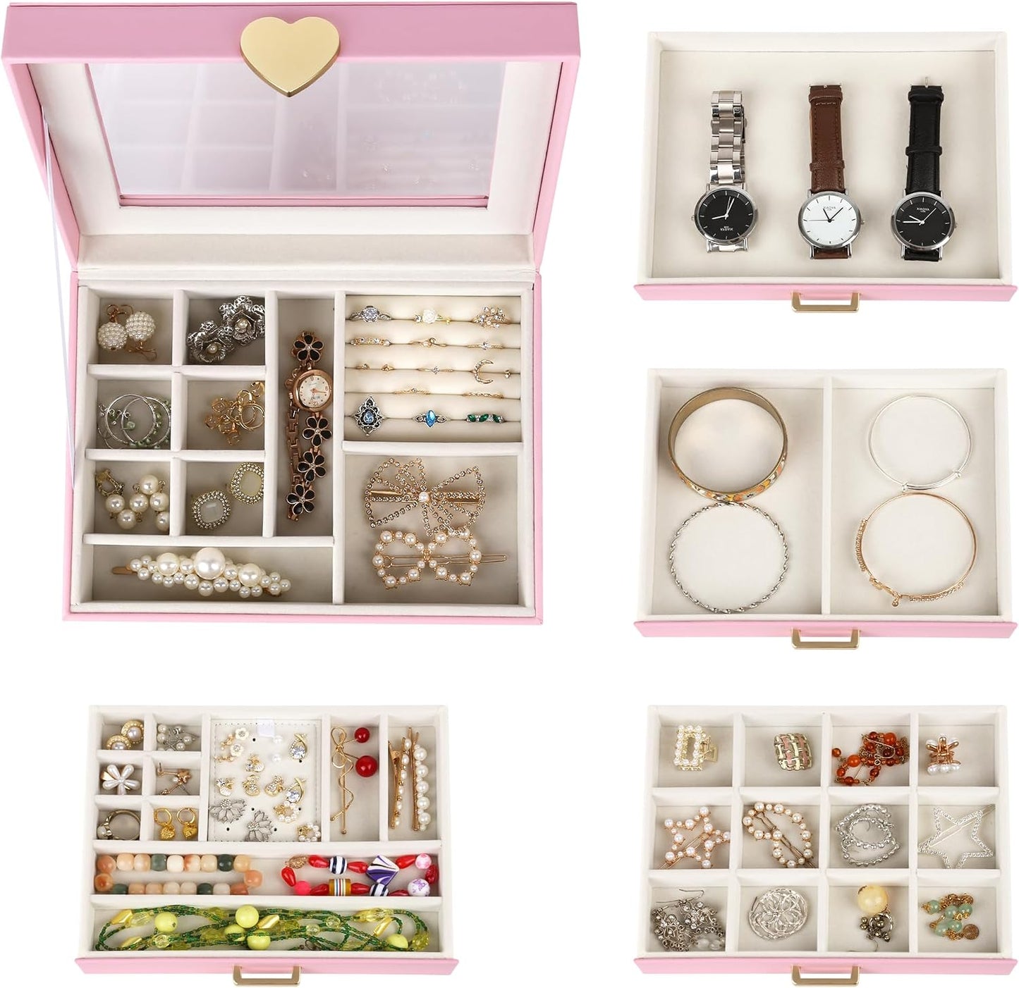 Kendal Jewelry Box, 5-Layer Jewelry Organizer Box with Glass Lid, Pink, Heart Shaped PU Leather, Storage Box for Necklace Earrings Rings Bracelets, Gift Idea for Girls LJC4DRPK