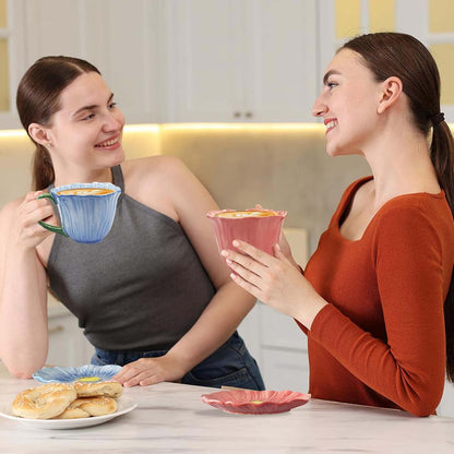 10 oz Tea Cups and Saucers, Ceramic Flower-shaped Cappuccino Cup, Latte Cup and Saucer set, elegant floral Espresso Cup set, Suitable for microwave and dishwasher-Pink