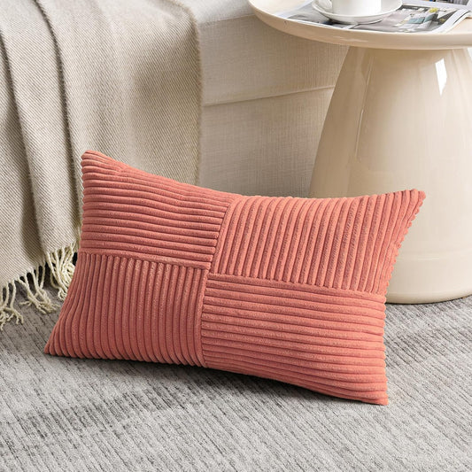 Fancy Homi Coral Lumbar Decorative Throw Pillow Covers 12x20 Inch for Living Room Couch, Rustic Farmhouse Boho Home Decor, Soft Striped Corduroy Rectangle Accent Peach Cushion Case 30x50 cm