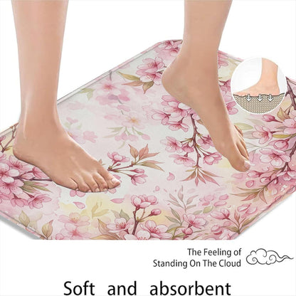 Floral Blossom Quick Dry Bath Mat, Elegant Peach Cherries Blossom Decorative Non Slip Shower Mat, Spring Washable Bath Rugs for Bathroom Toilet Restroom 20x32 Inch