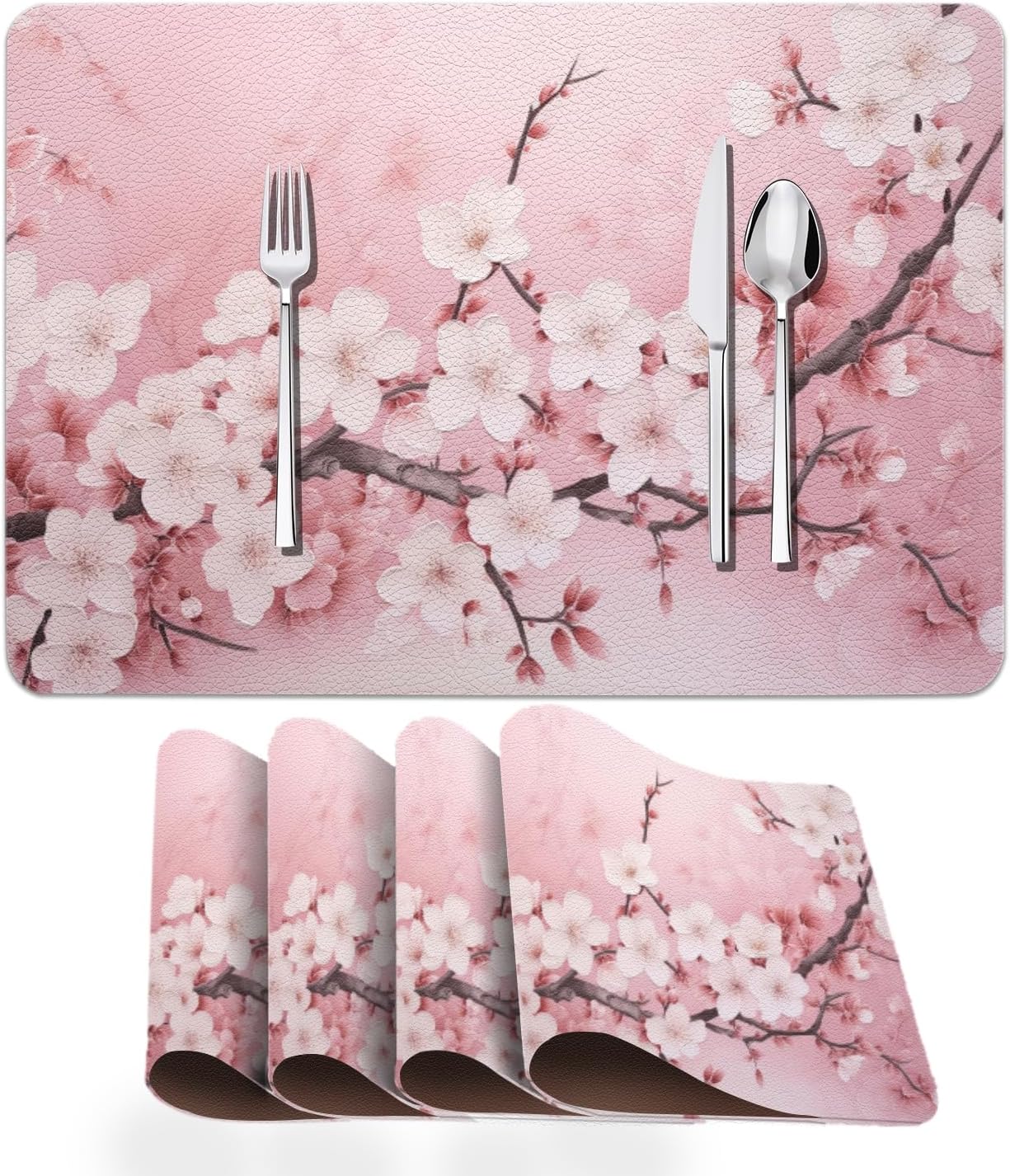 Faux Leather Placemats Set of 4,Pink Cherry Flowers Blossoms PU Placemat for Ding Table Easy to Clean Wipeable Waterproof Non-Slip Table Place Mats for Kitchen or Outdoor,12 * 17 Inch