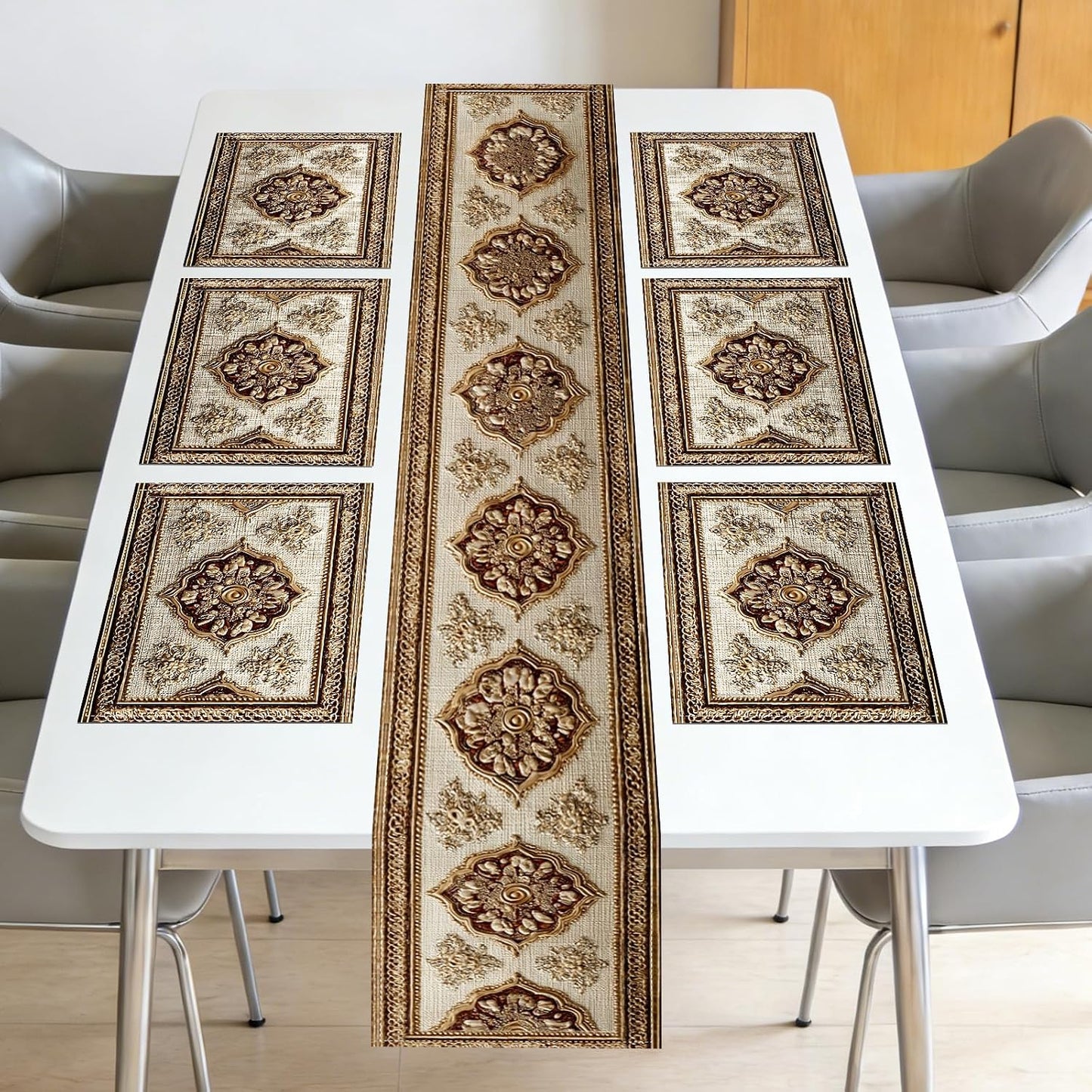 Nuxovilar Square placemats Set of 7 Table Runner and placemats Pink Floral&Vintage Pattern Linen-Cotton Tablerunner(72X13inch)&6 Placemats(11.8X17.7) Table Setting Supplies Cafe,Family Dinner