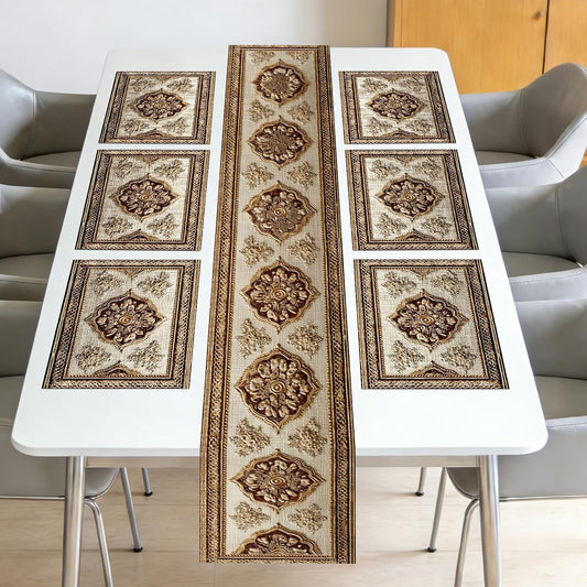 Nuxovilar Square placemats Set of 7 Table Runner and placemats Pink Floral&Vintage Pattern Linen-Cotton Tablerunner(72X13inch)&6 Placemats(11.8X17.7) Table Setting Supplies Cafe,Family Dinner