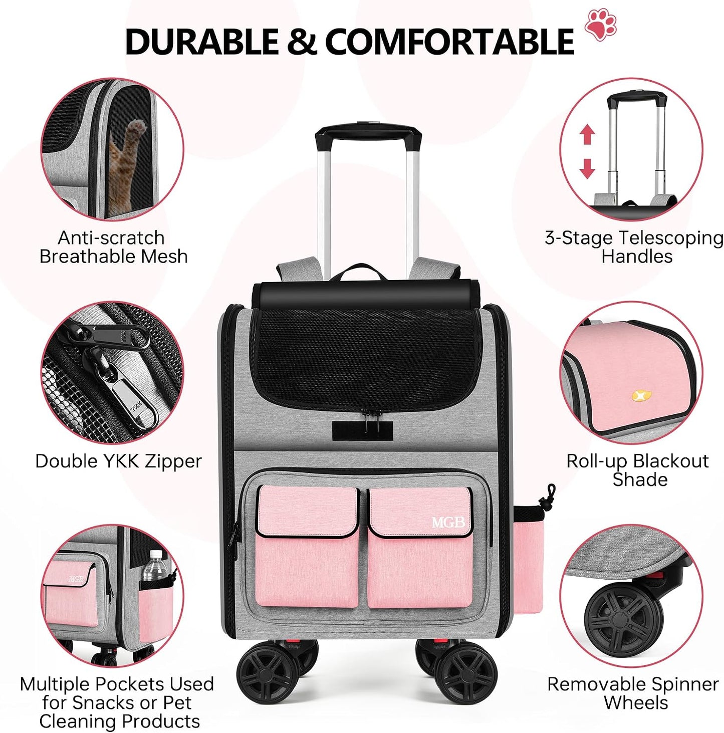 MGB Large Pet Carrier, Foldable Rolling Dog Carrier with Removable Wheels, Cat Rolling Bag 21.3"x15"x12.2" for 2 Cats & 1 Dog for Travel, Outdoor, Vet Visits, Camping, Indoor. Pink. (Not for Airline)