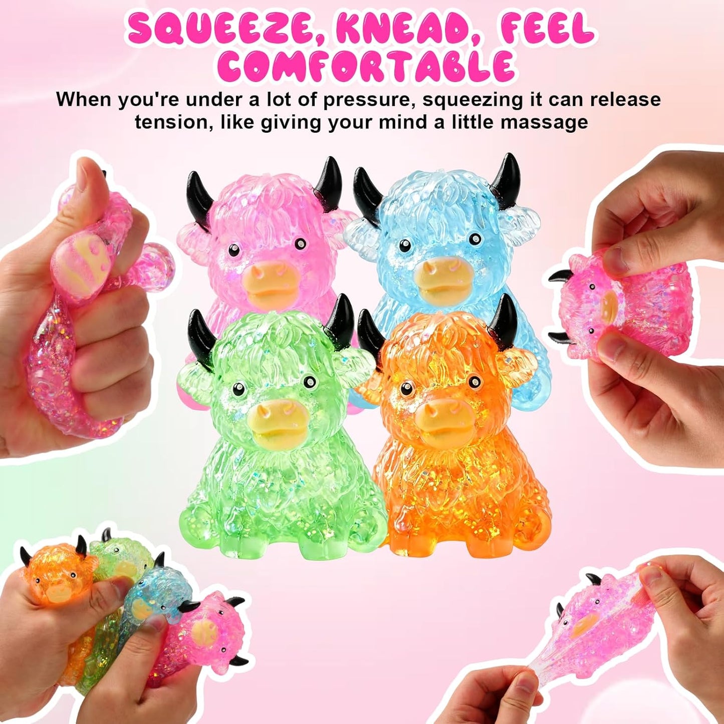 Glitter Highland Cow Squishies Fidget, Glitter Slow Rising Stress Ball for Adults, Soft Sensory Desk Decor,Cow Lover Gift (Pink)