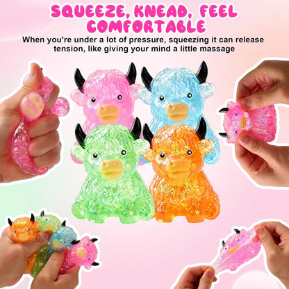 Glitter Highland Cow Squishies Fidget, Glitter Slow Rising Stress Ball for Adults, Soft Sensory Desk Decor,Cow Lover Gift (Pink)