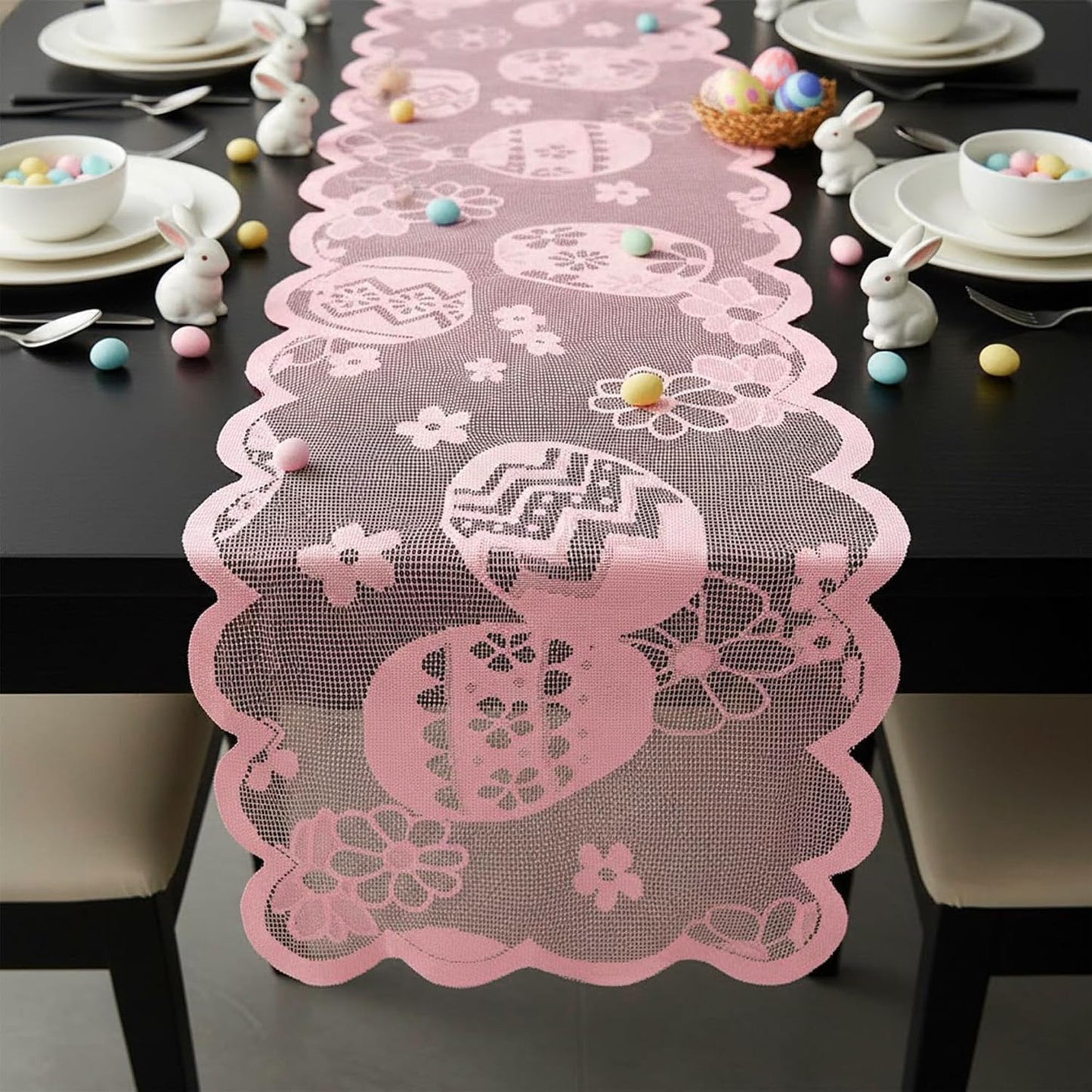 Easter Lace Table Runner, 70.9x13.4 in Pink Easter Lace Table Runner for Dining