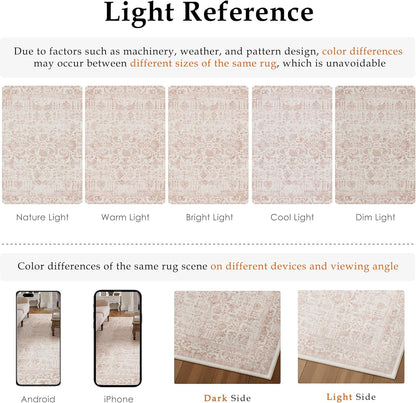 PureCozy Pink Area Rug 5x7 Machine Washable Vintage Living Room Distressed Non Slip Carpet Traditional Indoor Bedroom Retro Floral Accent Throw Large Rug Office Kitchen Bathroom Dining Room