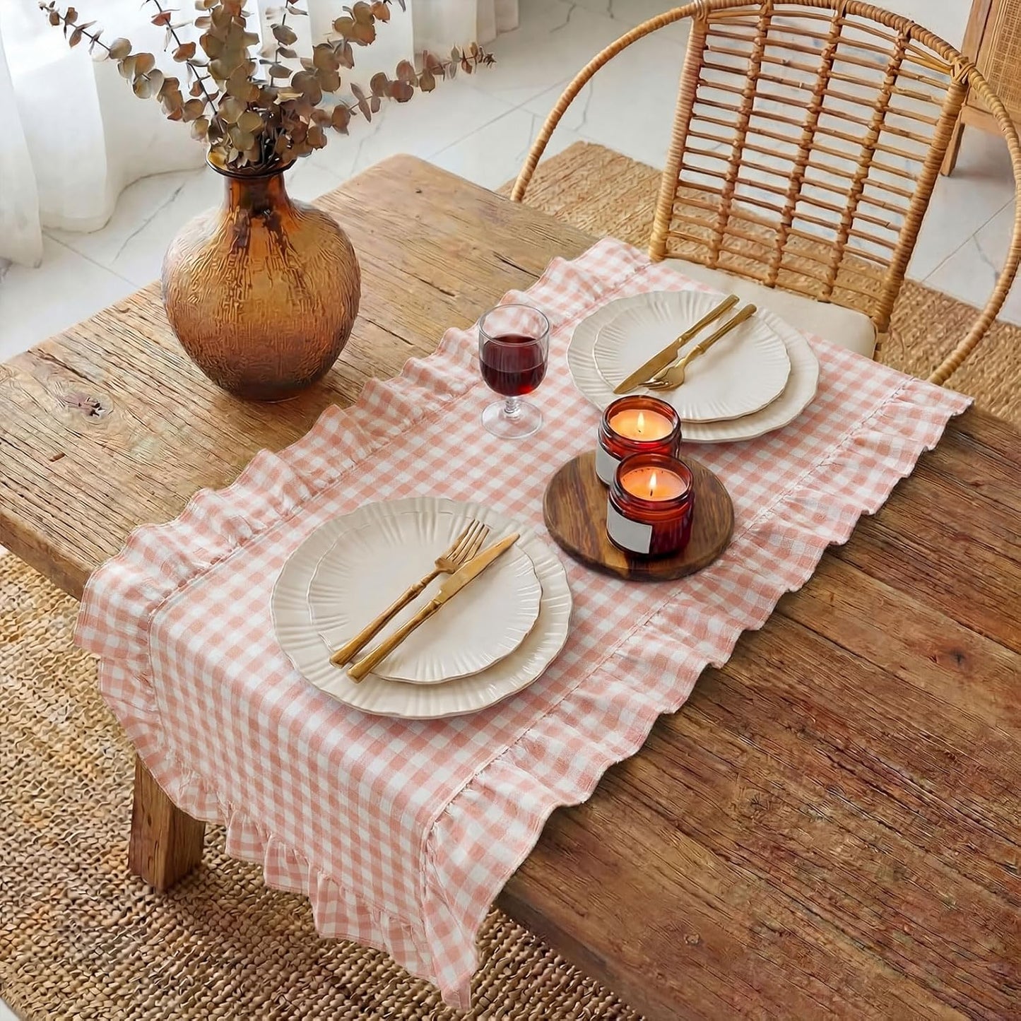 HunnmingRe 1 Pcs Light Pink Plaid Gingham Ruffle Table Runner 118 x 13.8'' Farmhouse Table Runner 100% Cotton Scalloped Long Dresser Scarves for Mother’s Day Dining Room, Wedding, Rustic Home Decor