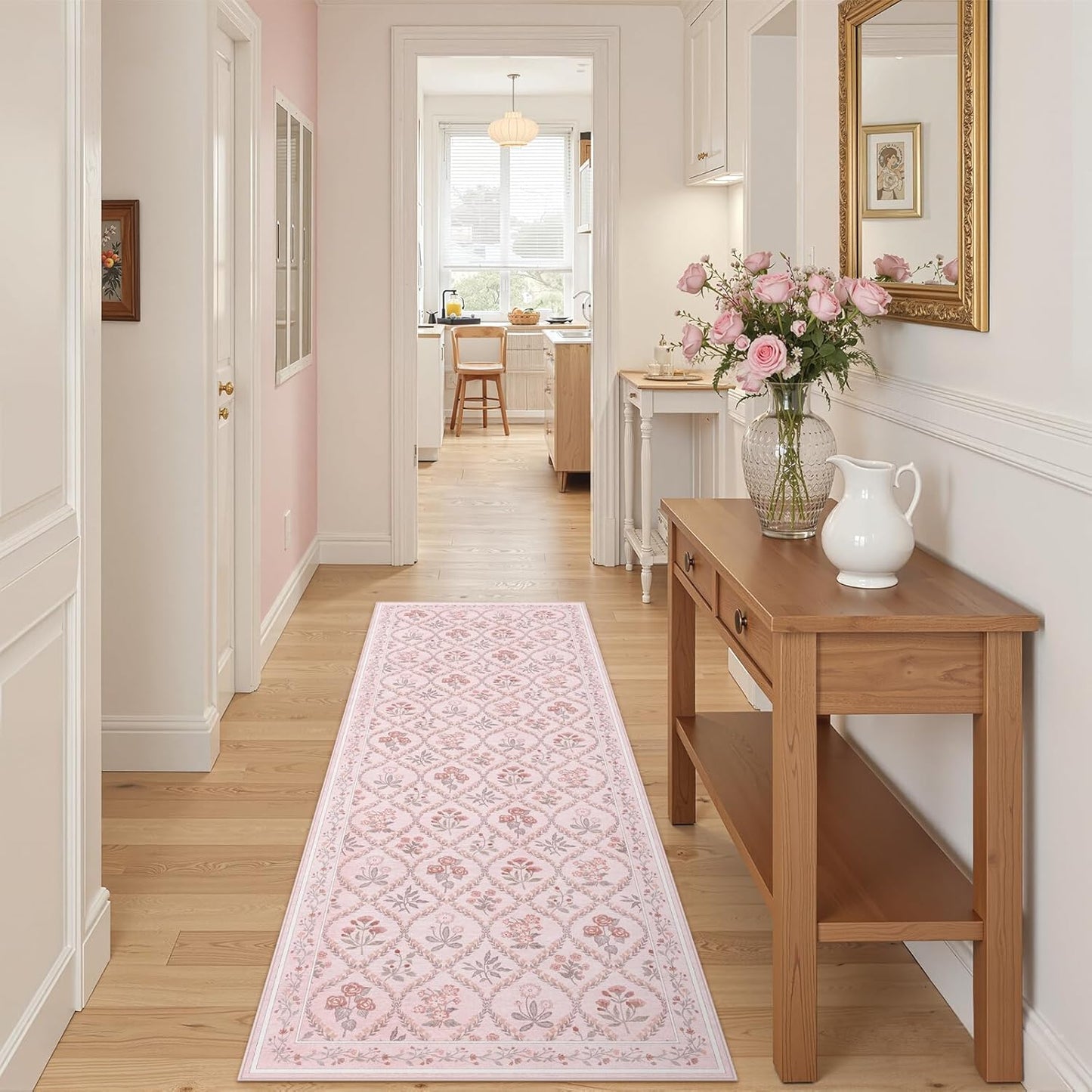 Pink Runner Rug for Bathroom 2x6, Washable Runner Rug Non Slip, Aesthetic Boho Floral Kitchen Area Carpet for Bedroom Hallway Laundry Entryway