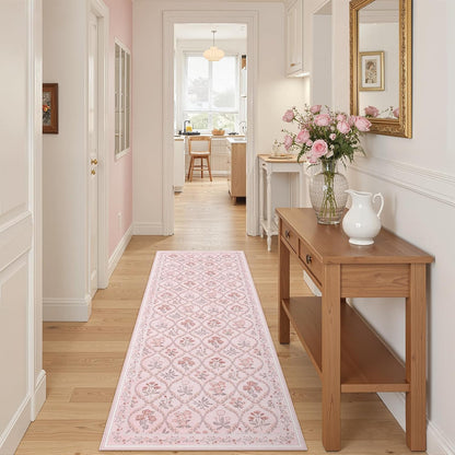 Pink Runner Rug for Bathroom 2x6, Washable Runner Rug Non Slip, Aesthetic Boho Floral Kitchen Area Carpet for Bedroom Hallway Laundry Entryway