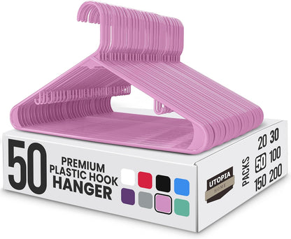 Utopia Home Plastic Hangers 50 Pack - Space Saving Clothes Hanger - Durable & Strong Closet Organizers and Storage with Built-in Strap Hooks - Essential for Shirts, Pants, Skirts & Coats (Pink)