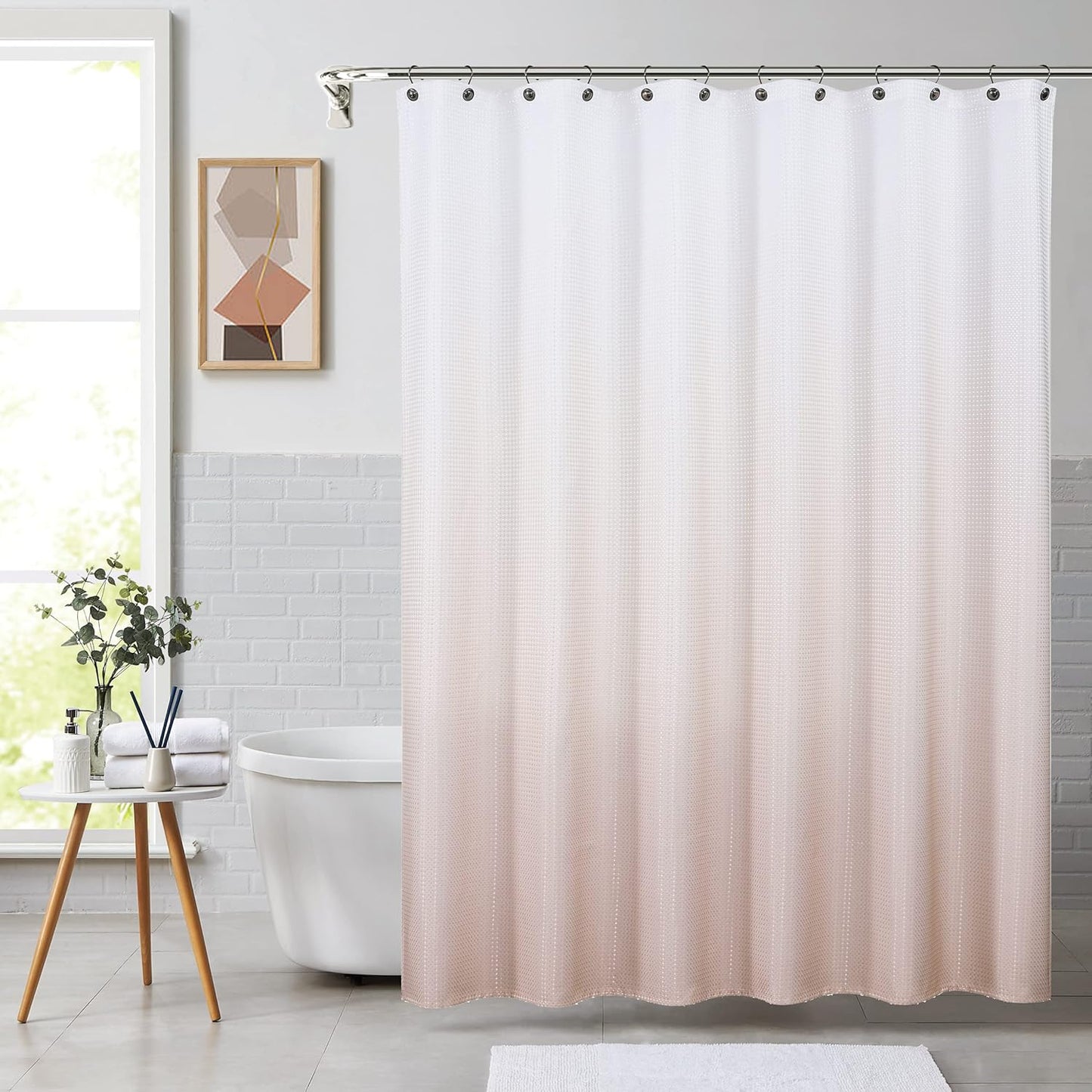 Central Park Pink Ombre Waffle Weave Shower Curtain Water Resistant Decorative White to Blush Pink Gradient Print Bathroom Spa Hotel Fabric Shower Curtain Liner with 12 Grommets, 70"x72"