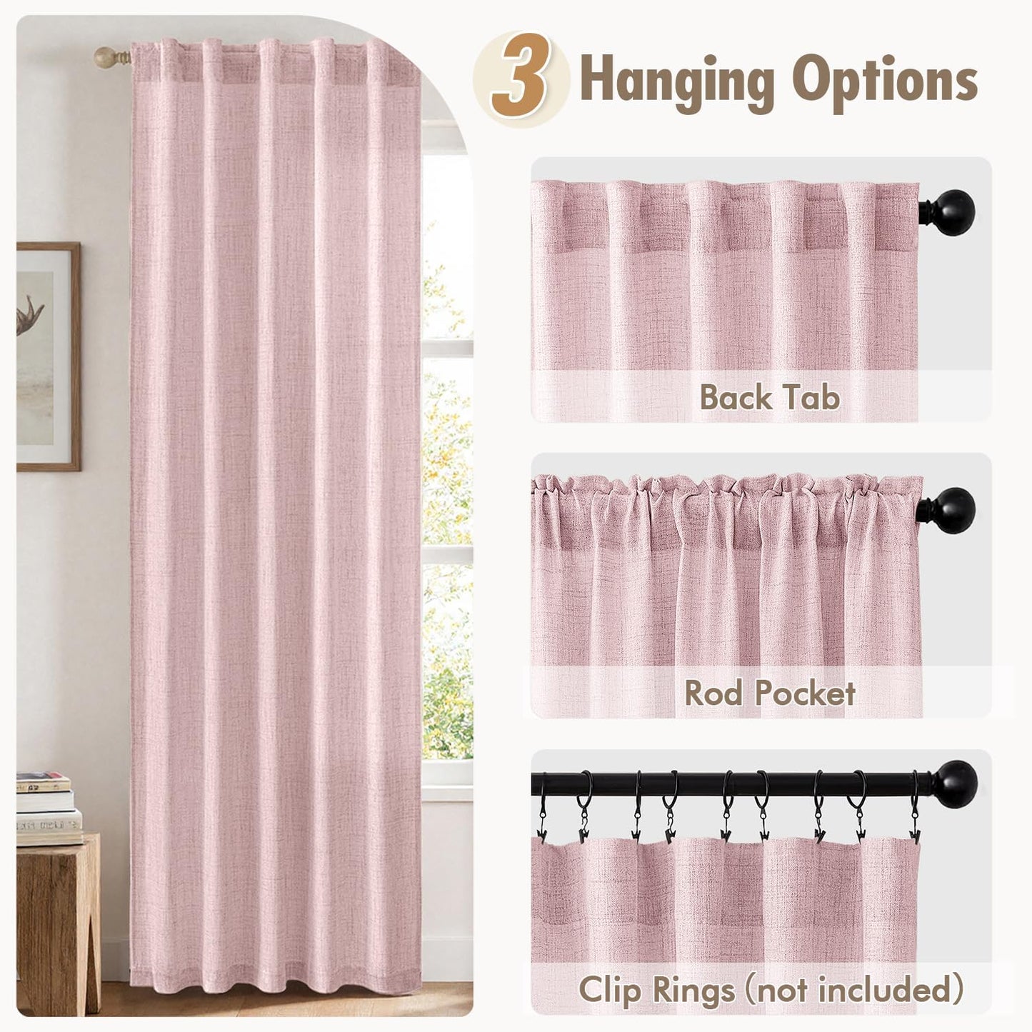 MIULEE Faux Linen Curtains 84 Inch Length 2 Panels Natural Light Pink Semi Sheer Curtain with Back Tab Rod Pocket, Light Filtering Window Privacy Burlap Drapes for Living Room Bedroom 42W x 84L