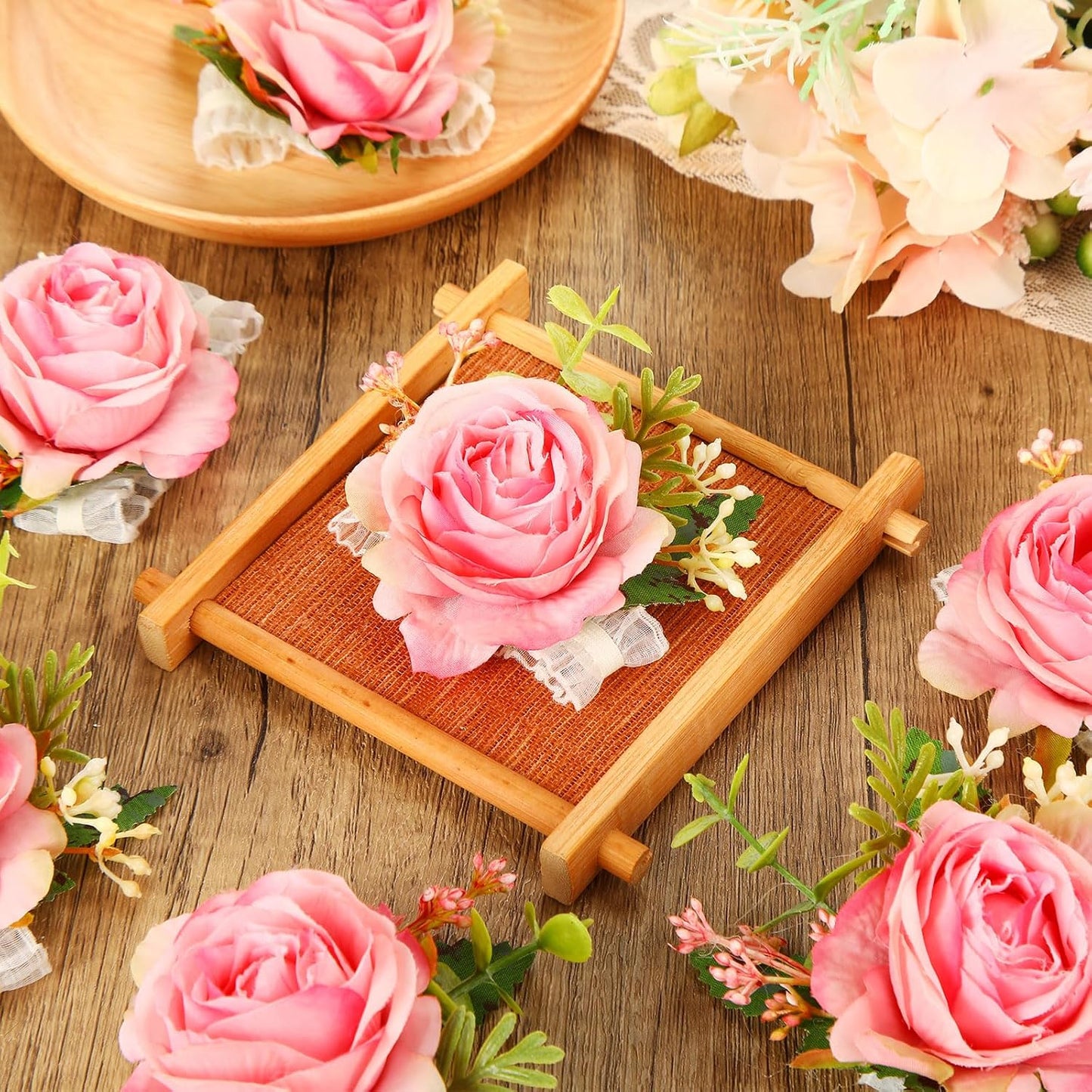 Sherr 24 Pcs Wedding Rose Wrist Corsage Wristlet Band for Bridal Bridesmaid Women Flowers Bracelets Decor Wedding Artificial Flowers for Party Prom Homecoming (Peach Pink)