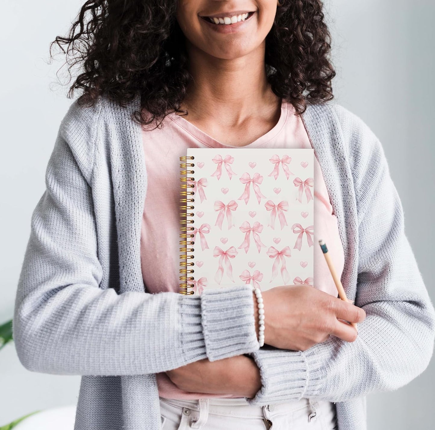 Pastel Pink Bow Notebook, Coquette Bow Journal, Preppy Aesthetic Notebooks for Women, Coquette Girly Office Supplies, Preppy Pink Hardcover Spiral Notebook 5.5x8.3 Inch