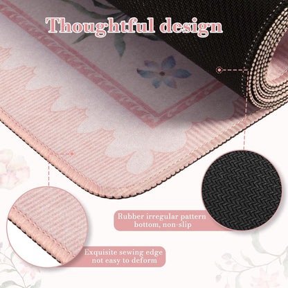 iCasso Pink Desk Cover Mat,Big Mouse Pad for Laptop,Aesthetic Computer Pad with Stitched Edges,Non Slip Keyboard Mat for Desktop,Cute Floral Desk Protector for Office Home Dorm