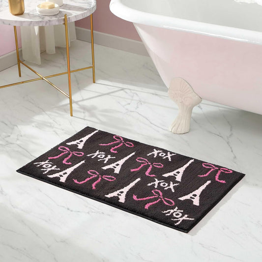 Betsey Johnson - Bath Rug, 20x30 Soft and Cushioned Plush Rug, Skid Resistant Backing, Bows in Paris Pink/Black