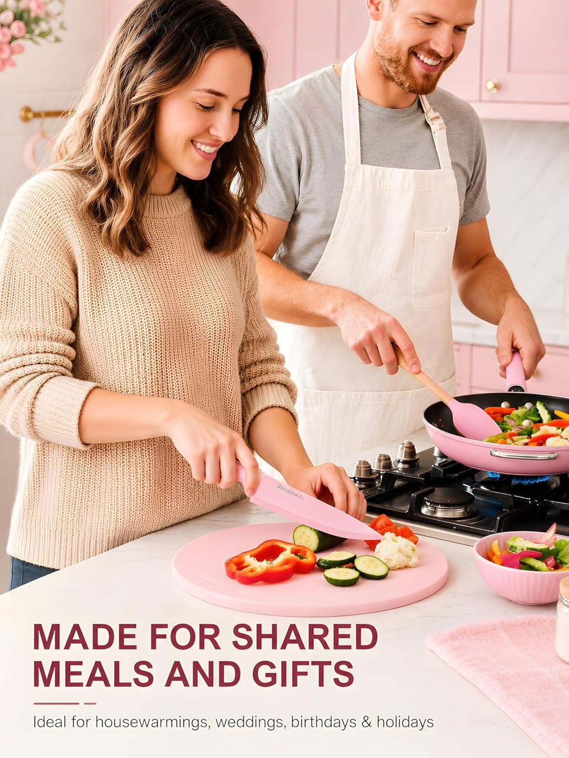 Astercook Knife Set with Block and Sharpener, 22 Piece Kitchen Knife Set Dishwasher Safe, Space-Saving Clear Knife Block with Knives for Everyday Home Cooking Pink